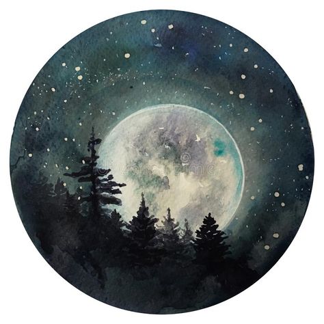 Moon Painting For Beginners, Full Moon Watercolor Painting, Watercolour Moon Painting, Circle Wood Painting Ideas, Full Moon Drawing, Full Moon Watercolor, Moon Watercolor Painting, Night Sky Illustration, Galaxy With Stars