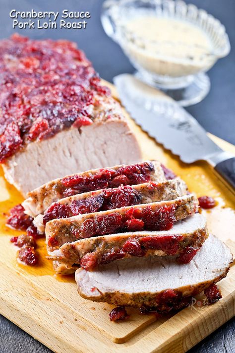 Use leftover cranberry sauce to make this moist, tender Cranberry Sauce Pork Loin Roast with creamy Dijon mustard sauce. Only an hour to prepare. | RotiNRice.com Pork Roast Crock Pot Recipes, Slow Cooker Pork Loin, Crockpot Pork Loin, Pork Loin Roast Recipes, Pot Roast Crock Pot Recipes, Crockpot Pork Chops, Leftover Cranberry Sauce, Pork Loin Chops, Cranberry Sauce Recipe