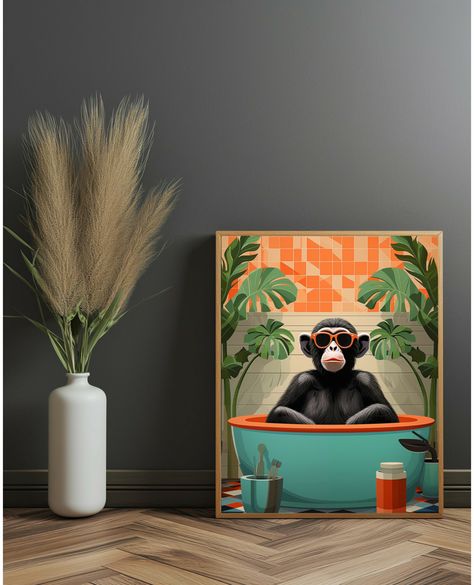 Unmissable deal! Monkey Enjoying Bath Digital Print - Whimsical Animal Art for Eclectic Bathroom Decor | Fun Nursery & Cloakroom Wall Art, now at an incredible price of £4.60! Grab it now! #AnimalBathroomArt #NurseryDecor #MaximalistWallArt #FunAnimalPrints #KidsBathroomPrint #BathroomWallArt #FunnyBathroomArt #BathroomPrints #EclecticDecor #BotanicalBathroom Bathroom Painting Ideas Canvas, Eclectic Bathroom Decor, Botanical Bathroom, Funny Bathroom Art, Fun Nursery, Eclectic Bathroom, Maximalist Wall Art, Gym Decor, Bathroom Prints