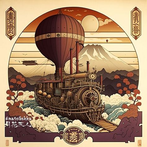 Amato Gekka on Instagram: "A surreal sight of a steam locomotive with the ability to fly, moving across the sea with Mount Fuji in Japan serving as a stunning backdrop. #steampunk #steampunkart #japanart #aiartwork #midjourney #stablediffusion" Steampunk Japan, Japanese Steampunk, Steampunk Poster, Asian City, Aviation Posters, Steampunk Art, Mount Fuji, Steam Locomotive, Japan Art