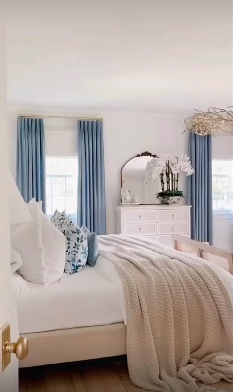 Light Blue And Blush Bedroom, French Blue Guest Bedroom, Feminine Guest Bedroom, Blue Feminine Bedroom, Light Blue Master Bedrooms Decor, Vermont Bedroom, Neutral Blue Bedroom, House Bedroom Aesthetic, French Blue Bedroom