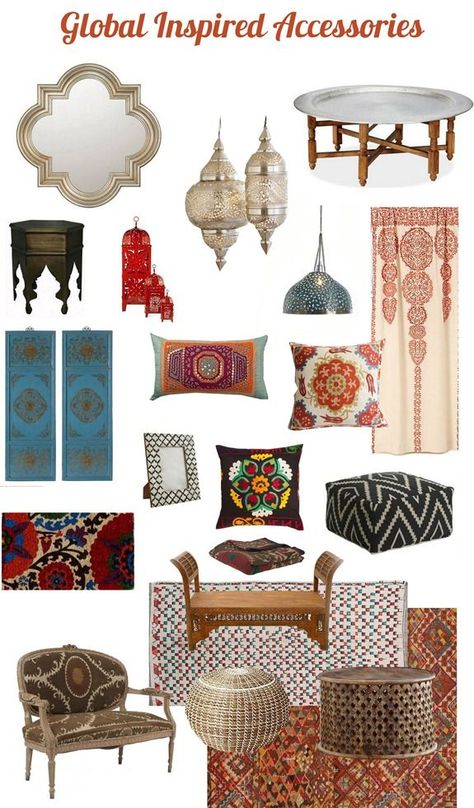 Travel abroad is inspiring for all of the sights, sounds, and flavors we experience, but it also has a dramatic impact on the way we decorate our homes.   Design elements from the east have influenced interior design over the decades, and internationally inspired accessories are again surging in popularity.   Global inspired textiles possess amazing hues [...] Dekorasi Maroko, Moroccan Room, Moroccan Inspiration, Moroccan Home Decor, Global Decor, Moroccan Interiors, Decorating Advice, Interior Design Magazine, Moroccan Design