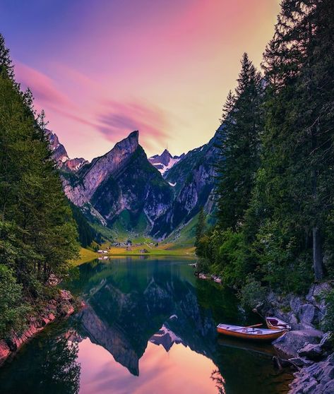 Photo sunset over the seealpsee lake wit... | Premium Photo #Freepik #photo #swiss #switzerland #beautiful-landscape #alps Swiss Alps Switzerland, Switzerland Bern, Alps Switzerland, Swiss Switzerland, Small Boats, Western Europe, Swiss Alps, Central Europe, Clock Tower