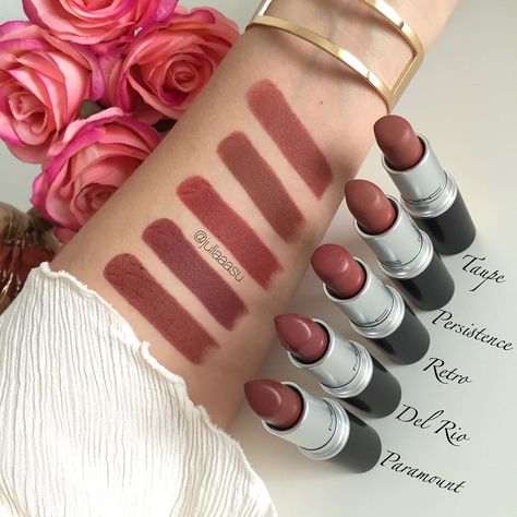 MAC Taupe, Persistence, Retro, Del Rio, and Paramount Matte Make Up, Mac Lipstick Swatches, Mac Lipstick Shades, Make Up Designs, Makeup Accesories, Beauty Make-up, Lipstick Swatches, Kesha, Makeup Swatches