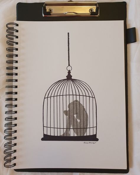 Cage Painting, Cage Drawing Art, Cage Sketch Drawings, Caged Tattoo, "help Me" Drawings, Cage Sketch, Curious Drawing, Cage Drawing, Unique Drawing Ideas