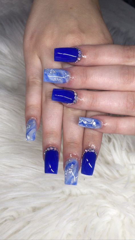 Royal Blue Nail Inspo Short, Blue Nails Acrylic Coffin Short, Short Royal Blue Nails With Rhinestones, Royal Blue Birthday Nails Short, Royal Blue Nails Square Short, Royal Blue And White Acrylic Nails Short, Royal Blue And White Wedding Nails, Royal Blue Nails For Prom Short, Nails Acrylic Royal Blue