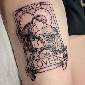 Unique tarot cards tattoo  Unique tarot decks by Dark Forest Use this coupon for a discount WELCOME10 https://tarotcardsdarkforest.com/  #tarotcard #tarotcardtattoo #tattoo #tattooist #tattoocrazy #tattoocrazyuk #cambridgetattoo #cambridgeartist #tattooist #tarotcard #tarotcardtattoo #tattoo #tattooist #tattoocrazy #tattoocrazyuk #cambridgetattoo #cambridgeartist #tattooist The Lovers Tarot Card Tattoo, The Lovers Painting, Tarot Cards Tattoo, Cards Tattoo, Unique Tarot Cards, Lovers Tarot Card, Unique Tarot Decks, Tattoo Unique, Tarot Card Tattoo