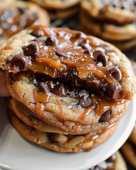 Ooey, Gooey Chocolate and Caramel Goodness...grab the milk or a cup of coffee. YUM!!! Visit website for full recipe at https://northeastnosh.com/f/salted-caramel-chocolate-chip-cookies #northeastnosh #baking #dessert #chocolatechipcookies #caramelcookies #easyrecipes #homemade #sweettreats #cookielover #bakingday #chocolatelover #desserttime #foodie #yum #delicious Carmel Chocolate Chip Cookies, Salted Caramel Chocolate Chip Cookies, Carnation Caramel, Carmel Chocolate, Chocolate Caramel Cookies, Salted Carmel, Salted Caramel Cookies, Caramel Chocolate Chip Cookies, Chocolate And Caramel