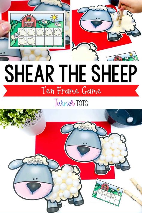 This shear the sheep activity is the perfect math game for your preschoolers to learn numbers and counting! This fun, ten frame game helps develop fine motor skills as toddlers pretend to shear the cotton balls off the sheep. As they play this sheep game for kids, they'll also learn about farm animals and life on the farm. It's a great farm math activity to teach them early math concepts in a hands-on, engaging way. Farm Math Activities, Turner Tots, Farm Math, Farm Activities Preschool, Number Activities Preschool, Preschool Farm, Preschool Math Centers, Farm Lessons, Farm Animals Activities