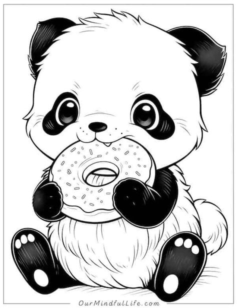 Panda and donut coloring page Cartoon Panda Drawing, Cute Panda Sketch, Panda Colouring Pages, Panda Coloring Pages Free Printable, Animal Learning Activities, Panda Mandala, Panda For Kids, Panda Crafts, Panda Clipart Black And White