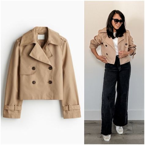 Beige Short Jacket Outfit, Short Beige Jacket Outfit, H&m Trench Coat, Short Beige Trench Coat Outfit, Beige Jacket Outfit Women, Beige Short Coat Outfit, Beige Jacket Outfit Casual, Short Trench Outfit, Tan Jacket Outfit Women