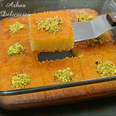 Basbousa (Harissa) | Basbousa | By Ashus Delicacies Basbousa Recipe Keto, Basbusa Food, Best Basbousa Recipe, Mouloukhia Lebanese, Egyptian Basbousa, Arabic Sweets, Cake Recipes, Sweet Tooth, Pie