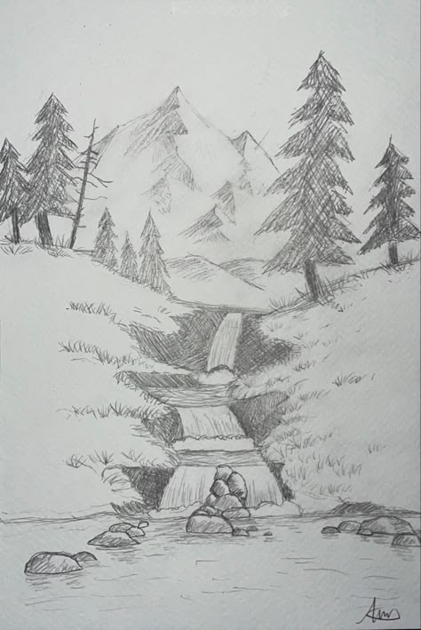 Beautiful Drawings Of Nature, Cool Landscape Drawings, Mountain Drawing Realistic, Land Scape Drawing Reference, Mountain Waterfall Drawing, Waterfall Drawing Pencil, Mountain Sketch Landscapes, Landscape Sketch Pencil Nature, Drawings Landscaping