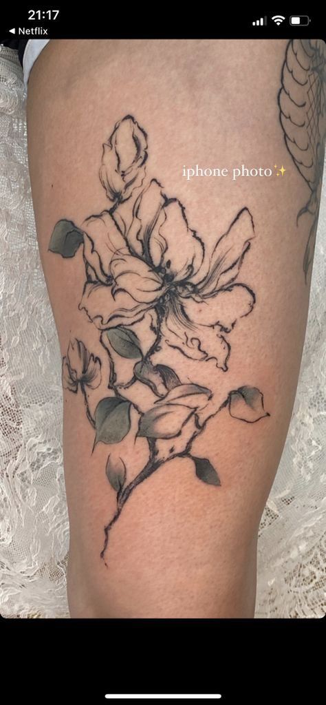 Black Ink Watercolor Tattoo, Sketch Like Tattoos, Floral Black And White Tattoo, Cup Of Jasmine Tattoos, Jasmine Chan Tattoo, Ink Style Tattoo, Jasmine Chan, Unique Flower Tattoos, Jasmine Flower Tattoo