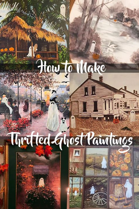 Puff N Paint Ideas, Painting Ghosts On Old Pictures, Painted Halloween Pictures, Ghost Added To Painting, Casper Painting Canvas, Ghost Picture Painting, Painting Halloween On Thrifted Art, Ghost Goodwill Painting, Painting A Ghost On A Painting