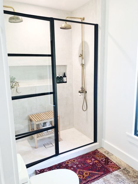 Black Shower Door Gold Fixtures, French Door Shower, Black Grid Shower Door, Stand Up Shower Ideas, Grid Shower Door, Black Shower Door, Modern Shower Door, Bronze Shower Door, Modern Shower Doors