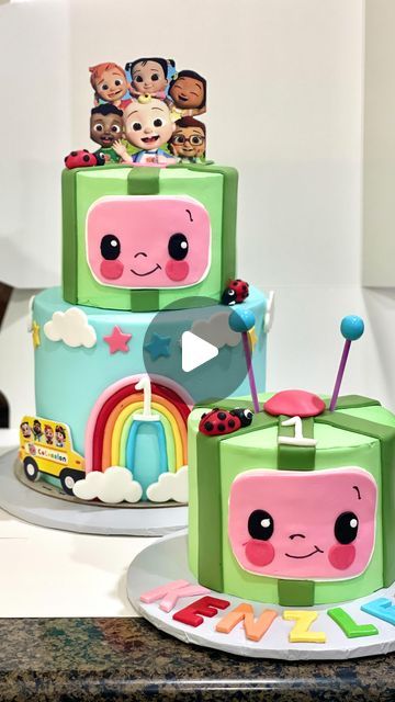 Kasey Bakes/ Kasey Sereal Whitehead on Instagram: "Cocomelon Birthday cake & Smash cake 🌈 

#cocomelon #cocomelonparty #cocomelonbirthday #cake #reels #baker #cakedecorating #cakes #cakeartistry #party #celebrate #one #firstbirthday #smashcake" First Birthday Cake Cocomelon, Cocomelon Cake Icing Design, Cocomelon Cake Pastel Colors, Cocomelon 2 Tier Cake Design, Cocomelon Party Ideas For Boy, Coconelon Boy Cake, Cocomelon Cake, Birthday Cake Smash, Birthday Cake Kids