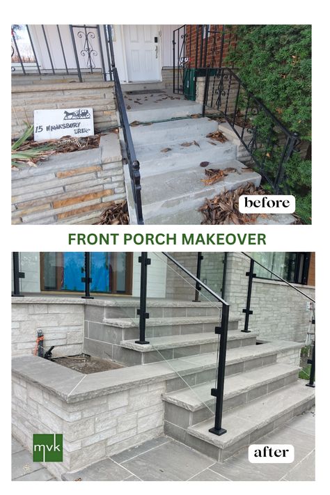 🌿🏡 Front Porch Makeover Alert! 🌟  Transform your exterior with a stunning natural stone veneer. Add beautiful planters and elegant steps for that perfect curb appeal. Ready to elevate your entrance? Let’s design your dream porch together! Call MVK Landscape Design today!  #FrontPorchMakeover #ExteriorDesign #NaturalStoneVeneer #MVKLandscapeDesign #PlanterPerfection #StylishSteps Front Steps Makeover Concrete, Stone Stairs Outdoor Front Porches, Cement Front Steps, Front Steps Makeover, Stone Front Porch, Rancher Homes, Concrete Front Steps, Front Porch Stairs, Cement Steps