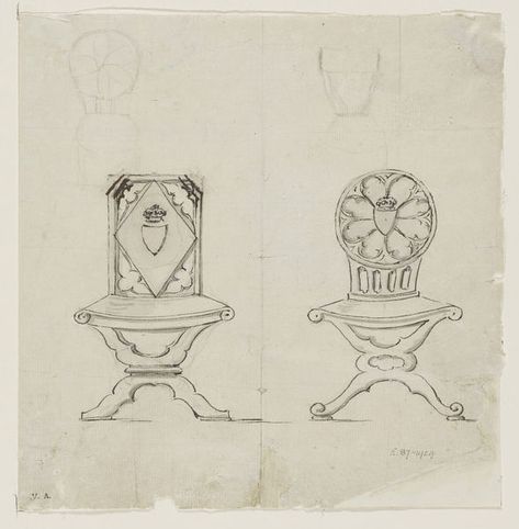 Designs for two hall chairs in the gothic style from; A Miscellaneous Collection of Original Designs, made, and for the most part executed, during an extensive Practice of many years in the first line of his Profession, by John Linnell, Upholserer Carver & Cabinet Maker. Selected from his Portfolios at his Decease, by C. H. Tatham Architect. AD 1800. | Linnell, John | V&A Search the Collections Gothic Chair Sketch, John Linnell, Gothic Chair, Egyptian Furniture, Hall Chairs, Arabian Decor, Medieval Stained Glass, Chair Drawing, Furniture Sketch