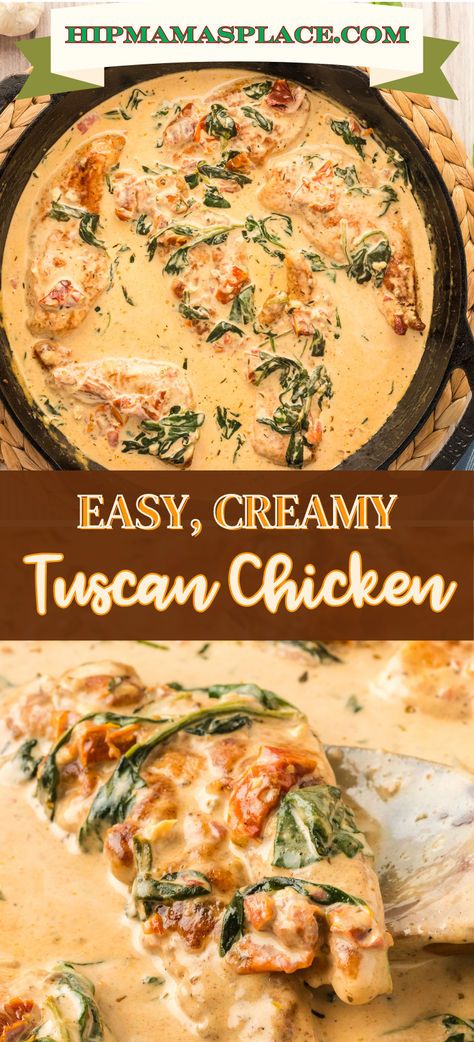 Ready to make a scrumptious Creamy Tuscan Chicken without any fuss? Imagine tender chicken, tangy sun-dried tomatoes, and creamy Parmesan cheese all mingling together in one delightful dish. Get the full printable #recipe at www.HipMamasPlace.com today!  #CreamyTuscanChicken #ComfortFood #FoodieDelight #recipes #dinner #chickendinner #chickenrecipes #easyrecipes #easymeals #foodblogger #foodie #foodporn #forkyeah #forkyeahfoodies #f52grams #food52 #hipmamasplace Creamy Tuscan Chicken, Cooking Spinach, Chicken Breast Cutlet, Creamy Parmesan Sauce, Tuscan Chicken, Breast Recipe, Sun Dried Tomatoes, Creamy Sauce, Sun Dried