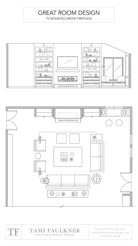 Great Room Layout With Fireplace And Tv, Tv Above The Fireplace, Mounting A Tv, Tami Faulkner, Hearth Fireplace, Fireplace Dimensions, Chicago Living, Arrange Furniture, Design Fireplace