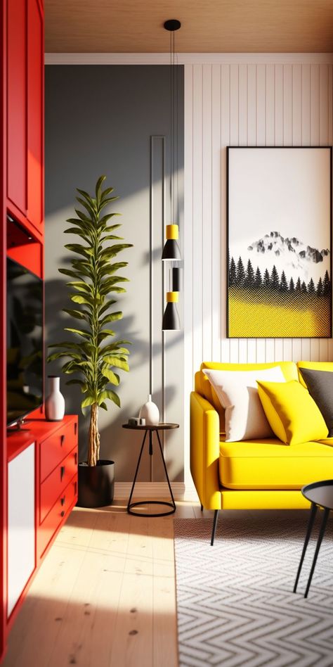 yellow coach, red closet, grey and white walls, tall indoor plant, industrial lighting Scandinavian Interior Living Room, Scandinavian Living Room, Living Room Scandinavian, Scandinavian Living, White Floors, Beautiful Interior Design, Modern Minimalism, Scandinavian Decor, Stunning Interiors