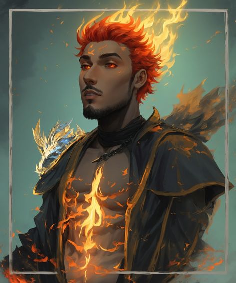 Dnd Fire Genasi Male, Lava People, Fire Genasi Male, Genasi Character Art, Npc Aesthetics, Dnd Genasi, Fire Kingdom, Fire Genasi, Fire People