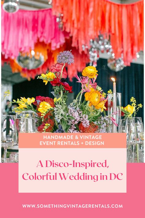 Colorful, disco themed wedding ideas. Industrial wedding venue in Washington, DC, Dock 5. Bright, vibrant event decor, florals, candles & disco ball centerpieces, hanging disco ball & tinsel streamers installation. Something Vintage Rentals is the East Coast's premier event rental & decor company. High-quality, unique & creative furniture & decor to rent for weddings, corporate events & parties. Trend-setting event rental pieces & decor for rent, custom decor, backdrops, displays & furniture. Disco Wedding Centerpieces, Disco Ball Wedding Reception, Disco Centerpieces, Disco Ball Centerpiece Ideas, Disco Ball Centerpieces, Disco Theme Wedding, Disco Ball Centerpiece, Tinsel Streamers, Hanging Disco Balls