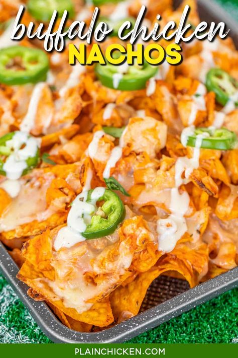 Buffalo Chicken Nachos - the perfect game day snack! Inspired by Momma Goldberg's Deli in Auburn, AL. Doritos topped with buffalo chicken, pepper jack cheese, and jalapeños. These nachos are super simple to make and fly off the tray! They are perfect for parties, tailgating, and an easy dinner. Whip up a batch or three today! Plain Chicken Recipe, Buffalo Chicken Nachos, Tailgating Food, Plain Chicken, Chicken Nachos, Pan Dinners, Tailgate Food, Recipes Appetizers And Snacks, Pepper Jack Cheese