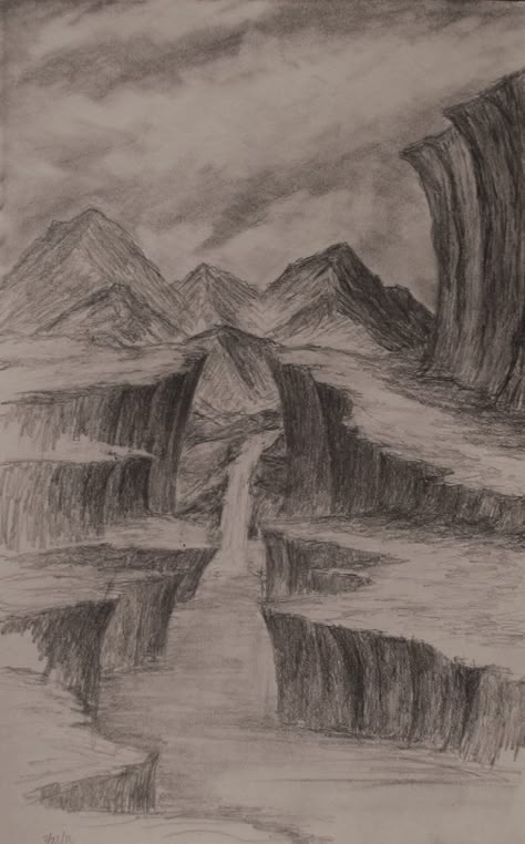 Landscape Drawings Pencil Easy, Charcoal Mountains, Landscape Sketch Easy, Simple Landscape Drawing, Nature Drawing Ideas, Drawing List, Class Drawing, Painting On Canvas For Beginners, Landscape Pencil Drawings