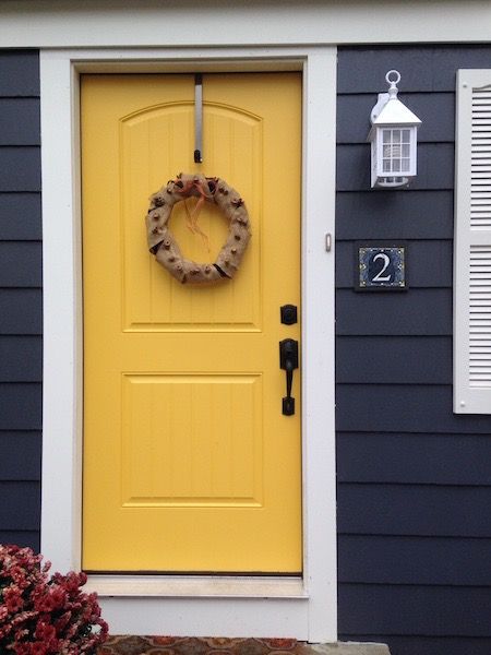 Sunshine Filled Yellow Door House Doors Colors, Yellow Front Door, Doors Colors, Yellow Front Doors, Gray House Exterior, Front Door Color, Front Door Paint, House Paint Color Combination, Exterior House Paint Color