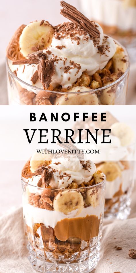 This mini dessert recipe is for individual dessert cups filled with all the flavors of a banoffee pie! Layers of dulce de leche, crushed biscuits, ripe bananas, and chantilly cream. You have to try this Banoffe Verrine recipe! Individual Dessert Cups, Kitty Recipes, Easy Banoffee Pie, Easy Dinner Party Desserts, Banoffee Pie Recipe, Mini Dessert Recipes, Mini Dessert Cups, Dinner Party Desserts, Vanilla Recipes