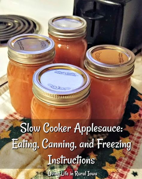 Slow Cooker Applesauce: Eating, Canning, and Freezing Instructions - Living Life in Rural Iowa Recipe For Canning Applesauce, Canning Crockpot Applesauce, Crockpot Apple Sauce For Canning, Canned Applesauce Crock Pot, Applesauce Recipes Crockpot Canning, Slow Cooker Applesauce For Canning, Making Applesauce In Crockpot, Crock Pot Applesauce For Canning, Crockpot Applesauce Canning