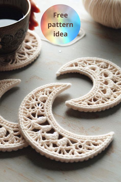 Crochet a set of elegant crescent moon coasters with this simple and stylish pattern. Perfect for adding a celestial touch to your home décor! Crochet Crescent Moon, Crochet Moon, Crochet Coasters, Crescent Moon, Doilies, Home Décor, Crochet Clothes, Crescent, Free Crochet