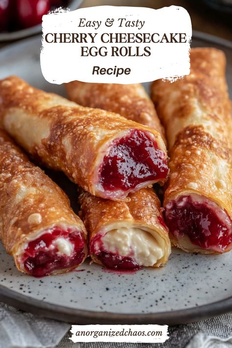 Cherry Cheesecake Egg Rolls offer a delightful twist on the traditional Asian appetizer! Packed with a tart cherry filling and luscious cream cheese, these crispy treats are easy to prepare and can be pan-fried, air-fried, or baked. Wrapped in wonton skins and sprinkled with cinnamon sugar, these dessert egg rolls are a quick and delightful Cherry Cream Cheese Egg Rolls, Cherry Cheesecake Egg Roll Recipe, Strawberry Egg Rolls, Cheesecake Egg Rolls Recipe, Football Game Food Ideas Easy, Sweet Egg Rolls, Fruit Egg Rolls, Cherry Cheesecake Egg Rolls, Dessert Egg Roll Recipes