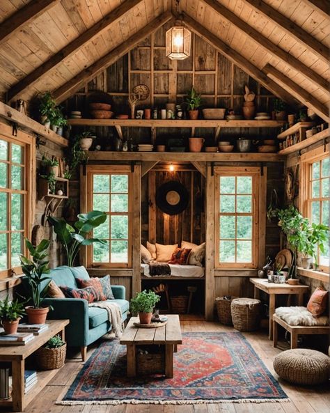 20 She Sheds For Boho Style Lovers – ToolzView She Room Woman Cave Boho, Witchy She Shed Interior, Cozy Shed Interior, Rustic Shed Interior, Library Shed Backyards, Western She Shed, Cozy She Shed Interior, Boho Tiny House Interiors, Rustic She Shed Interior