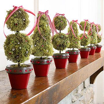 Easy Project- Need small Flower Pots, Wooden Dowel to poke through Styrofoam shapes (Don't forget a styrofoam  to fit inside the flower pot for support) Green Moss ,Ribbon, beads or craft jewels.  use a tacky glue-no hot glue Door Decorations For Christmas, Winter Urns, Christmas Topiaries, Diy Christmas Ribbon, Tabletop Topiary, Door For Christmas, Ribbon Topiary, Winter Pots, Holiday Front Door