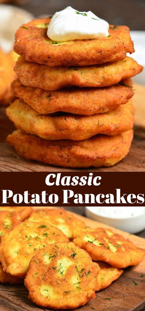 Classic potato pancakes recipe made with a simple combination of potatoes, onions, eggs, and four. You can flavor potato pancakes with a little garlic, herbs, and scallions. #potatoes #breakfast #potatopancakes #brunch Potatoes Breakfast, Potato Pancakes Recipe, Potatoe Pancake Recipe, Potatoes Onions, Breakfast Potatoes, Potato Pancakes, Potato Cakes, Nutritious Snacks, Breakfast Recipes Casserole