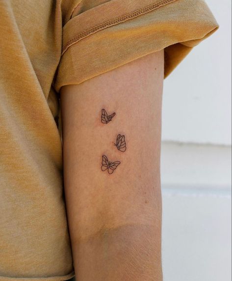 Dainty Inner Arm Tattoo, Fineline Tattoo Ideas Women Arm, Back Of Arm Butterfly Tattoo, 3 Dainty Butterfly Tattoo, Fineline Butterfly, Fineline Butterfly Tattoo, Fine Line Butterfly Tattoo, Bicep Tattoo Women, Inner Arm Tattoos