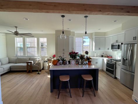 Shiplap ceiling with beams