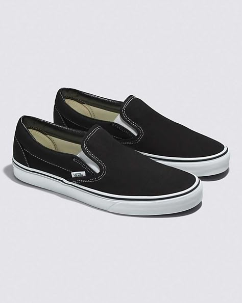 Vans | Classic Slip-On Wide Black Classics Shoe Japan Wardrobe, Capsule Wardrobe For Travel, Blood Knight, Black Slip On Vans, 2023 Shoes, Work Outfits Casual, Closet Dresser, Vans Skate Shoes, Black Slip On Sneakers