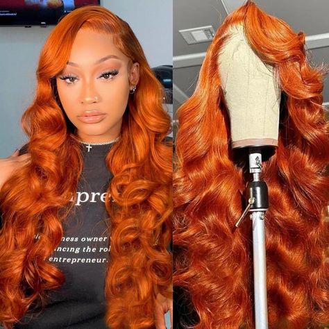 PRICES MAY VARY. Ginger Lace Front Wigs Human Hair Material : 100% Brazilian Virgin Hair, clean, healthy, soft, and bouncy, free from chemicals. Dyed using natural plant-based dyes, making this ginger orange wig look incredibly natural and beautiful Ginger Lace Front Wigs Human Hair Pre Plucked Features : We Use Natural Vegetable-based Dyes to Dye the Hair, Healthier and More Natural, Full and Thick, Soft & Bouncy, True to Length, No Tangle, No Shedding, No Smell, Durable, Reusable 180% Density Glueless Wigs Black Women Color, Burnt Orange Wigs For Black Women, Ginger Wig On Dark Skin, Fall Wigs For Black Women, Ginger Wig Hairstyles, Copper Wigs, Ginger Lace Front Wigs, Ginger Wigs, Lace Front Wigs Curly