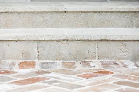 Recycled bricks paired with distressed limestone at one of our projects. Red Brick Pavers, Outdoor Fire Pit Area, Pavers Diy, Eco Outdoor, Ficus Pumila, Brick Path, Recycled Brick, Brick Paving, Garden Paving