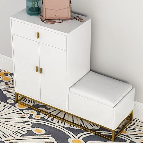 White Shoe Storage Bench 4 Shelves PU Leather Upholstered Shoe with Drawers & Flip Top Contemporary Shoe Rack, Shoe Rack Cabinet Design, Shoe Storage Design, Small Shoe Rack, Shoe Storage Furniture, Modern Shoe Rack, Shoe Rack Bench, Shoe Storage Bench, Bench With Drawers