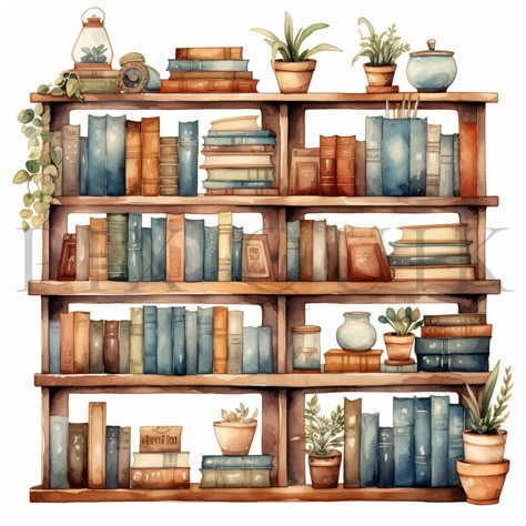 Pill Bottle Painting, Bookshelf Clipart, Library Clipart, Watercolor Backdrop, Books Clipart, Painted Bookshelves, Dreamy Watercolor, Design Exploration, Fall Stickers