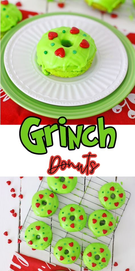 Grinch Party Food, Grinch Brownies, Grinch Themed Christmas Party, Grinch Christmas Treats, Grinch Themed Christmas, Themed Christmas Party, Green Frosting, Green Donut, Grinch Cookies