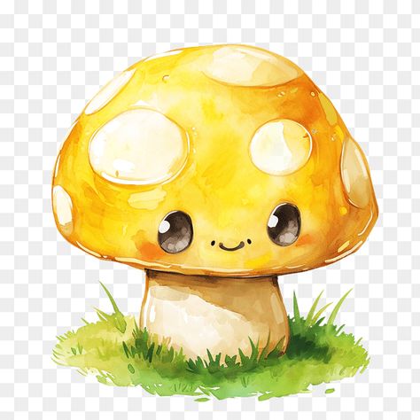 Cute Yellow Mushroom Watercolor Clipart Mushroom Watercolor, Mushroom Clipart, Yellow Mushroom, Kawaii Clipart, Cartoon Tiger, Cartoon House, Three Candles, Party Flags