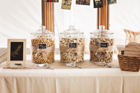 popcorn bar! // Ice Cream Sandwich Wedding: Kelsey and Sergei Sandwich Wedding, Wedding Popcorn Bar, Popcorn Station, Popcorn Wedding, Wedding Favor Table, Creative Wedding Favors, Edible Wedding Favors, Popcorn Bar, Best Wedding Favors