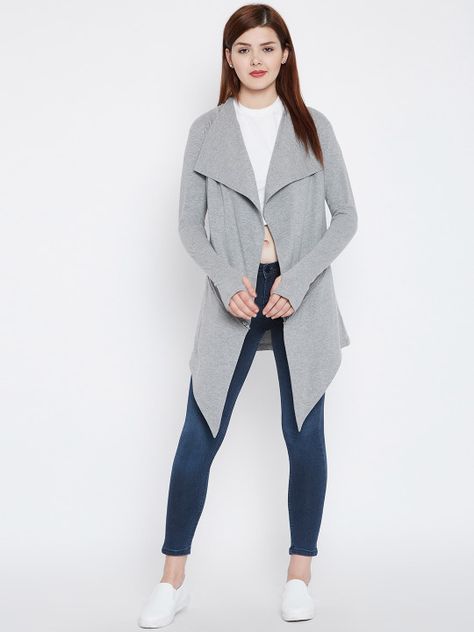 Hypernation Grey Solid Open Front Shrug - | 985 Grey Shrug Outfit, Shrug Outfit, Denim Shrug, Shrugs For Women, Bohemian Outfits Summer, Grey Shrug, Long Shrug, Womens Fashion Casual Winter, Baggy Clothes