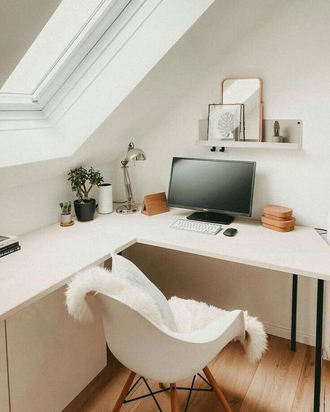 Loft Room Office, Attic Office Ideas, Large Corner Desk, Small Condo Decorating, White Corner Desk, Corner Desks, Vintage Home Offices, Industrial Home Offices, Attic Office